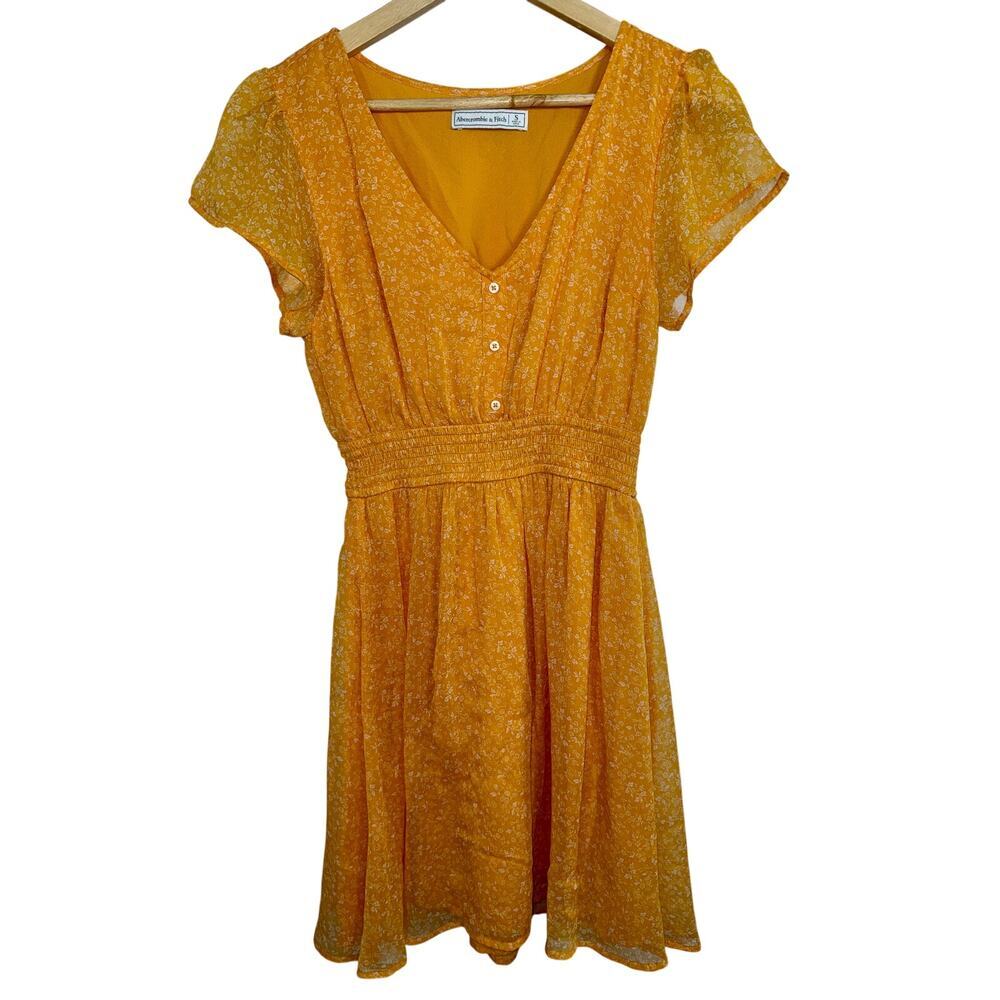Abercrombie & Fitch Yellow White Floral Smocked Short Sleeve Mini Dress Womens S
